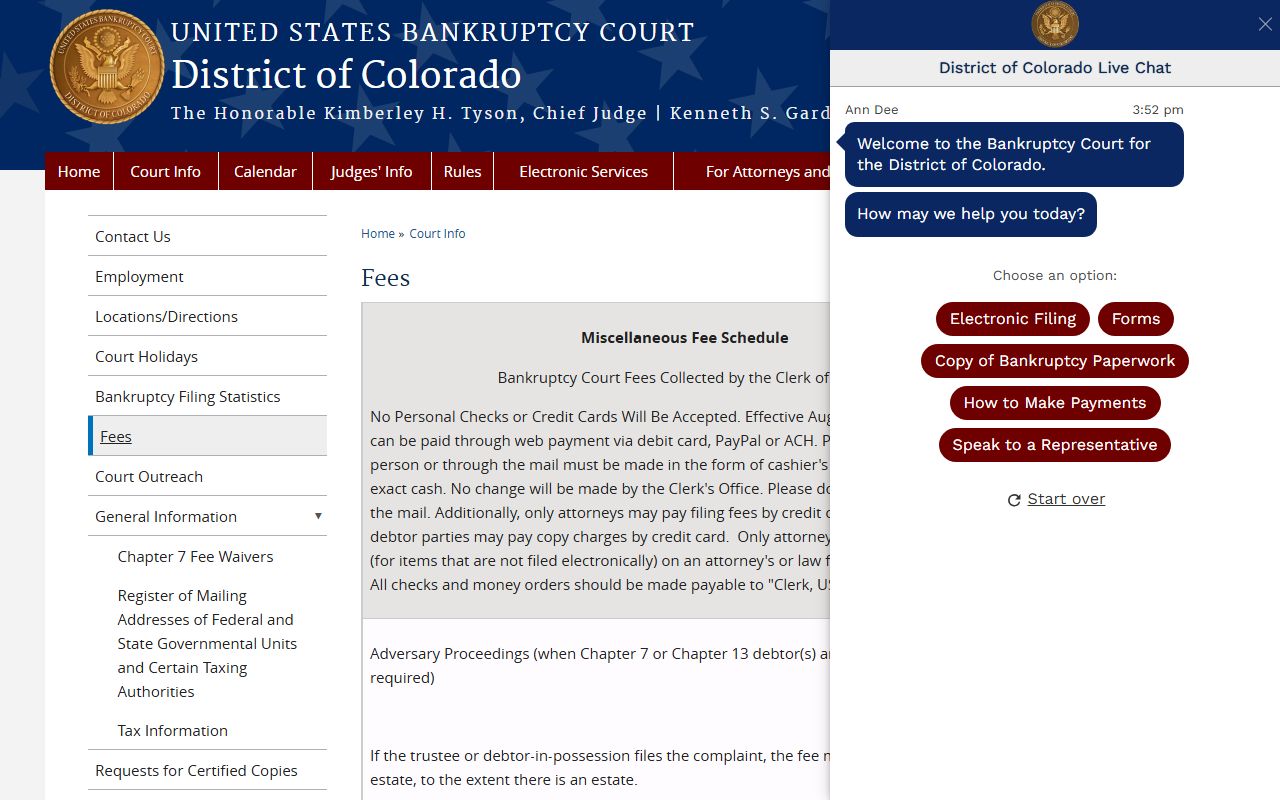 U.S. Bankruptcy Court fee schedule for Colorado