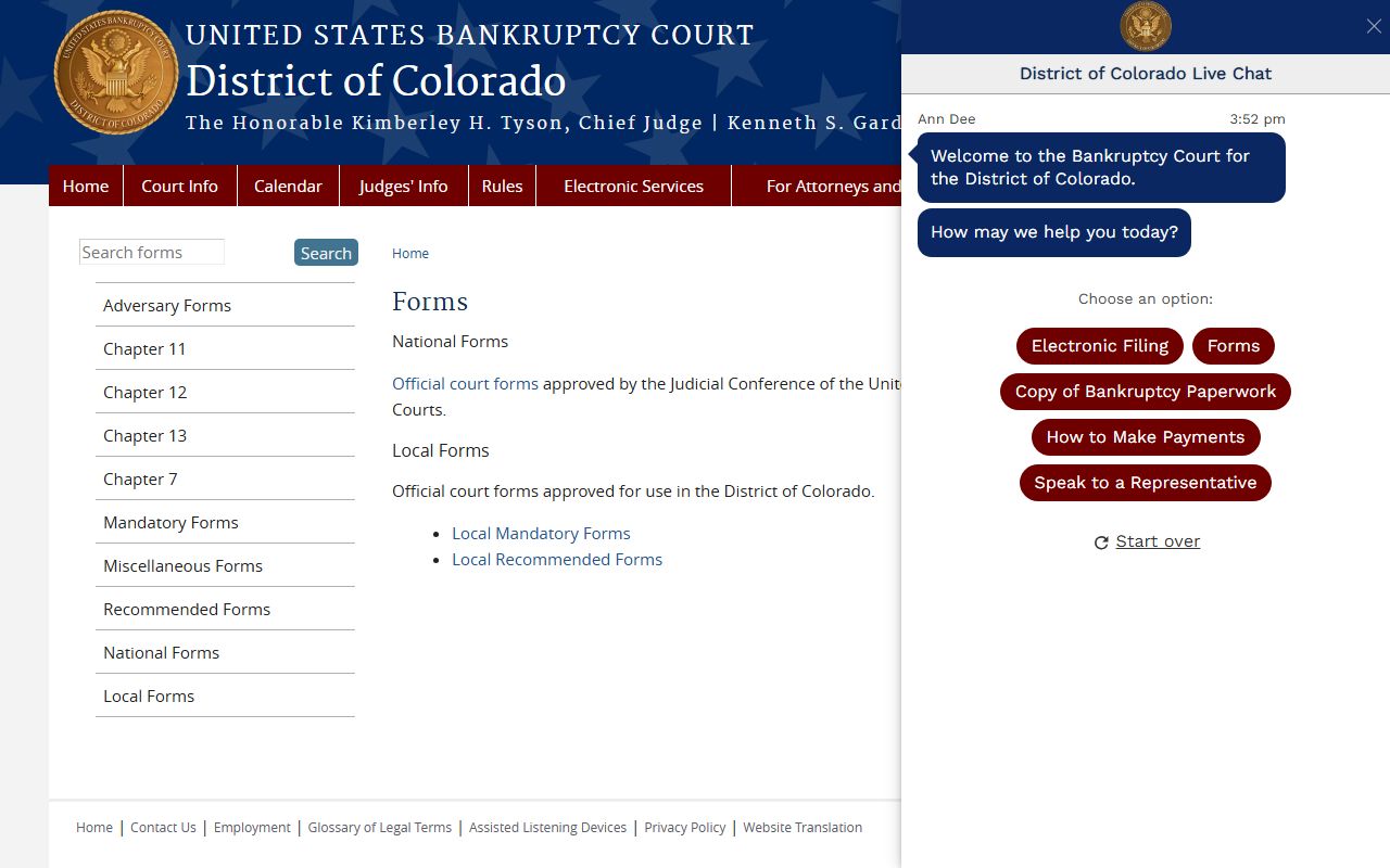 U.S. Bankruptcy Court forms page for Colorado