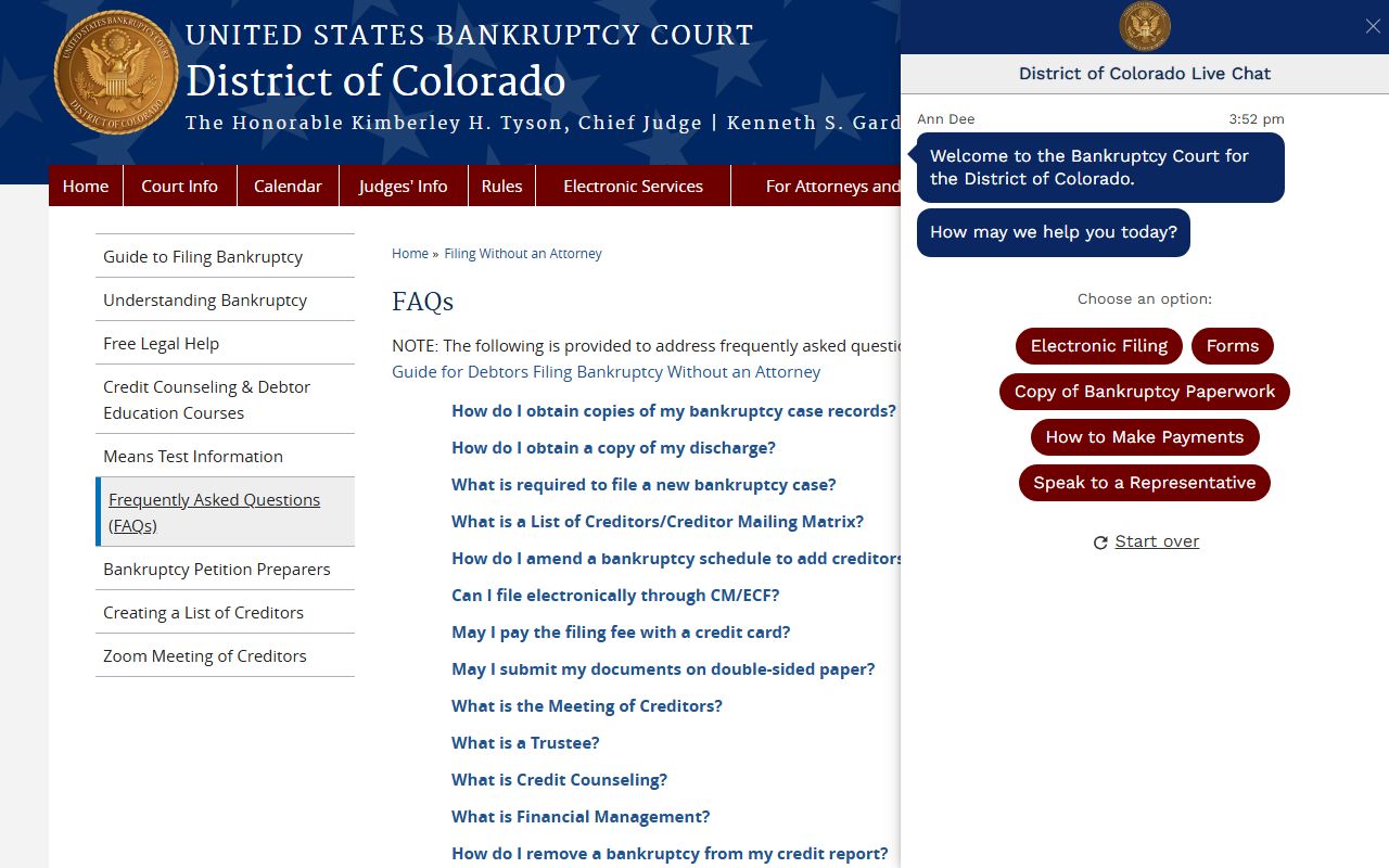 U.S. Bankruptcy Court FAQ page for Colorado records