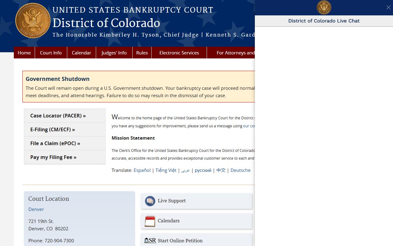 U.S. Bankruptcy Court for the District of Colorado main website